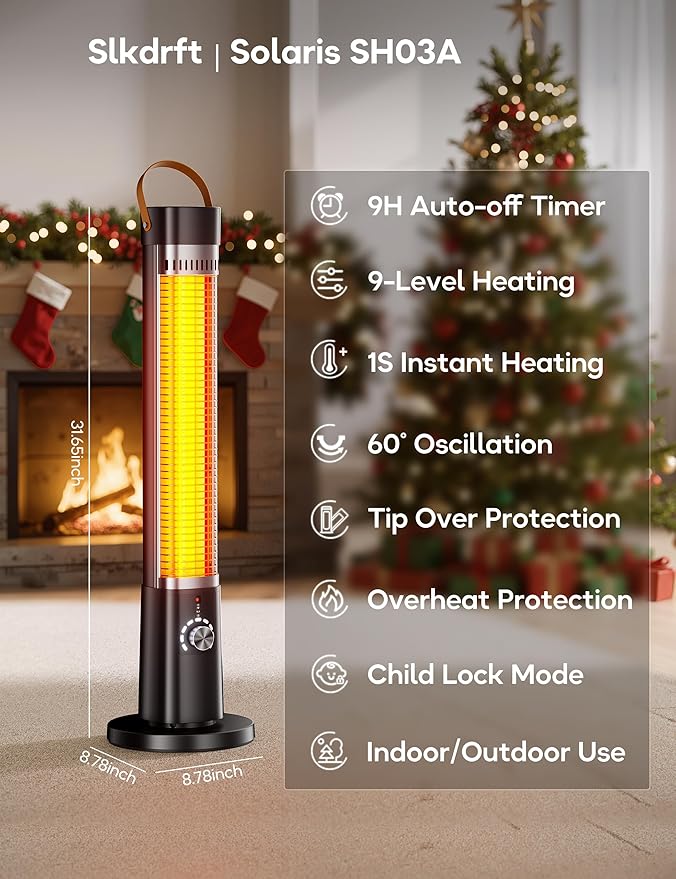 Outdoor Heater for Patio, 32" Infrared Electric Heaters Indoor w/Remote, 1500W, 60° Oscillation, 9H Timer, 9 Heat Level, Tip-Over/Overheating Protection, Safety Lock, for Garage Porch Office Black-3