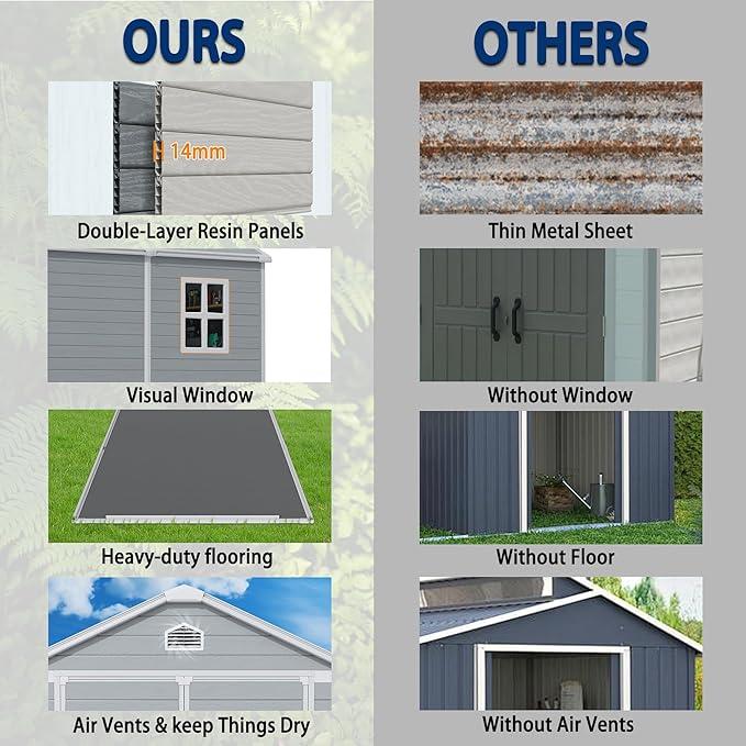 8x6 FT Resin Outdoor Storage Shed with Floor, Weather-Resistant Plastic Garden Shed with Windows, Lockable Door and Vents, Outside Tool Storage Sheds for Backyard, Garden, Lawn, Grey