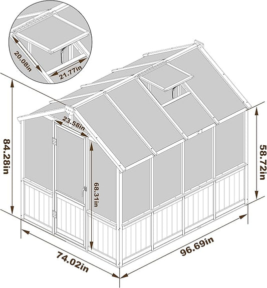 6x8 FT Greenhouse Kit for Outdoor, Thickened Polycarbonate Panel Wooden Walk-in Green House with Lockable Door and Adjustable Roof Vent, Backyard Garden, Black