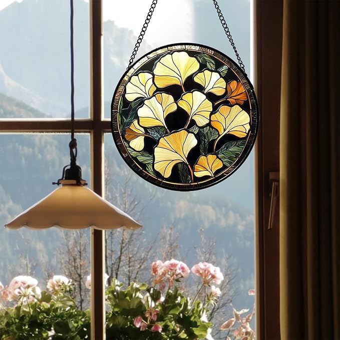 CRISGIF Stained Glass Window Hanging - Ginkgo Leaf Suncatcher for Doors Garden Patio Retro Fall Decor Sun Catchers Christmas Mother's Day Birthday Gifts for Women Men Mom Nana Friend 6.3 in