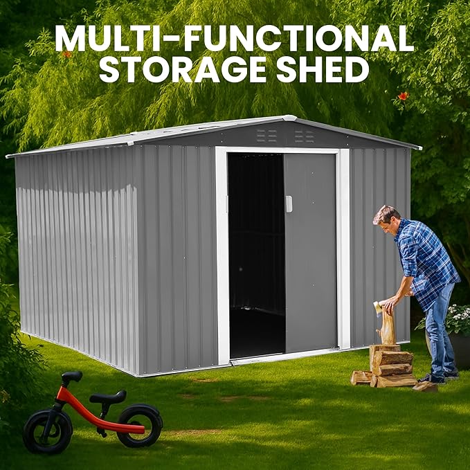 8x8 FT Metal Shed Garden Outdoor Storage Shed Updated Frame Structure with Lockable Sliding Door, Steel Anti-Corrosion Outside Sheds Waterproof for Backyard, Pool, Patio, Light Gray