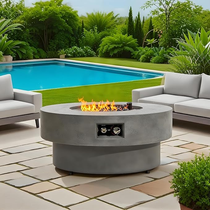 Propane Fire Pit Table, 34" Firepits for Outside, Gas Fire Pit for Outside Patio, Propane Fire Table with Burner Lid for Patio, Pool, 50000BTU, Tank Outside, Tank Not Included, Cement Grey