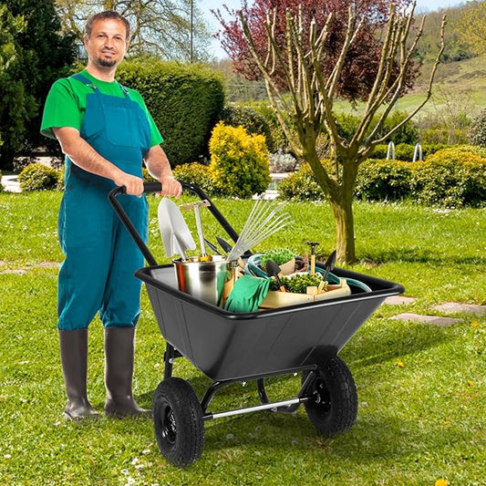 Goplus 2 Wheel Wheelbarrow, 330 LBS Utility Garden Cart with 10” Pneumatic Tires & Handle, 21 Gal Volume, Yard Dump Cart Wheel Barrow, Heavy Duty Wheel Barrow for Lawn (Black Handle+Black Cart)