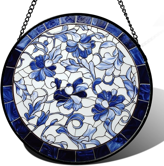AMDERVEN Stained Glass Window Hanging, Blue and White Abstract Flowers Sun Catcher for Door Home Decor Suncatcher Christmas Mother's Day Birthday Gifts for Women Men Mom and Nana 6.3 in