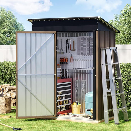Breezz 5x3FT Vertical Outdoor Steel Storage Shed with Floor Frame, Lockable Doors, Compact Metal Tool Shed for Garden, Backyard, Patio, Utility, and Bike Storage,Brown