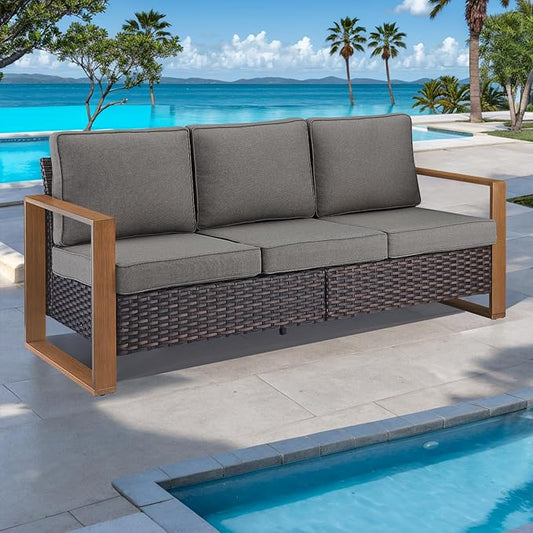 Rilyson Outdoor Couch Wicker Patio Sofa, Rattan Patio Furniture Sofa with Sturdy Frame,All-Weather PE Wicker,Wide Armrest,Deep Seating and Thick Cushions for Deck Porch Garden(Brown/Grey)