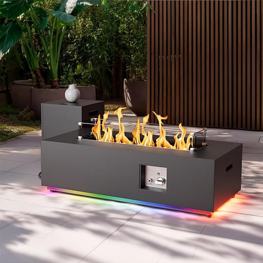 42" Propane Fire Pit Table with LED Light - 50,000 BTU with Wind Guard, Lid, Rocks and Cover - Outdoor Gas Fire Pit Rectangle - Coffee Table with Fire Pit (Black/RGB Light, 42" LED)