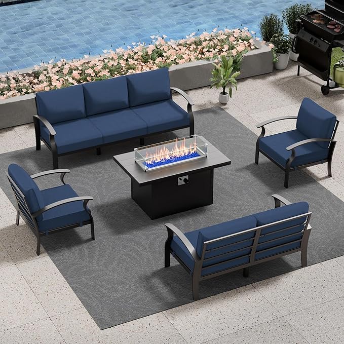 Aluminum Patio Furniture Set with Fire Pit Table, 7 Seats Outdoor Patio Conversation Set Modern Metal Patio Sectional Sofa with Upgrade Cushions for Patio, Backyard (Navy)