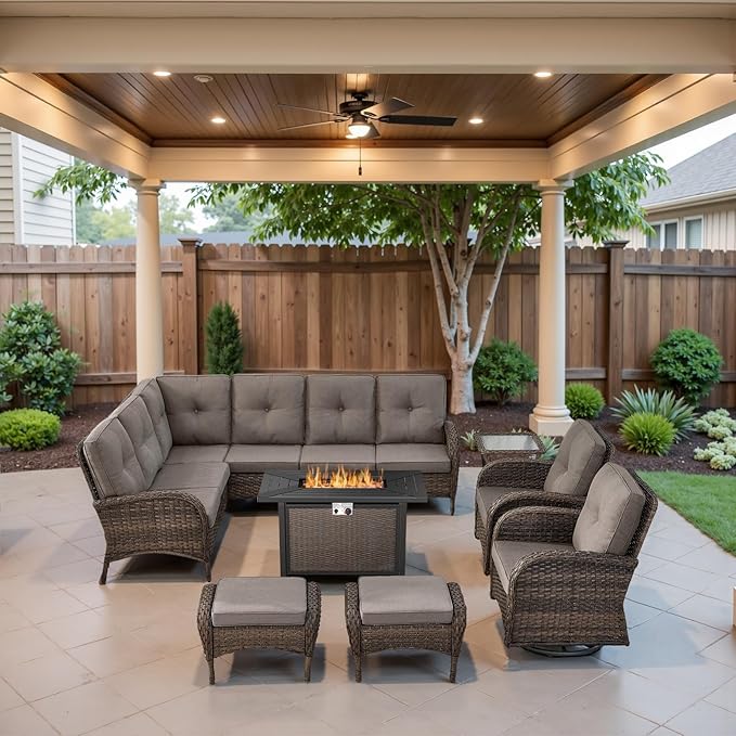 Belord 8 Pieces Patio Conversation Set with 43” Propane Fire Pit Table, Outdoor Sectional Furniture Sofa Set with Removable Cushions for Patio Deck Backyard Brown