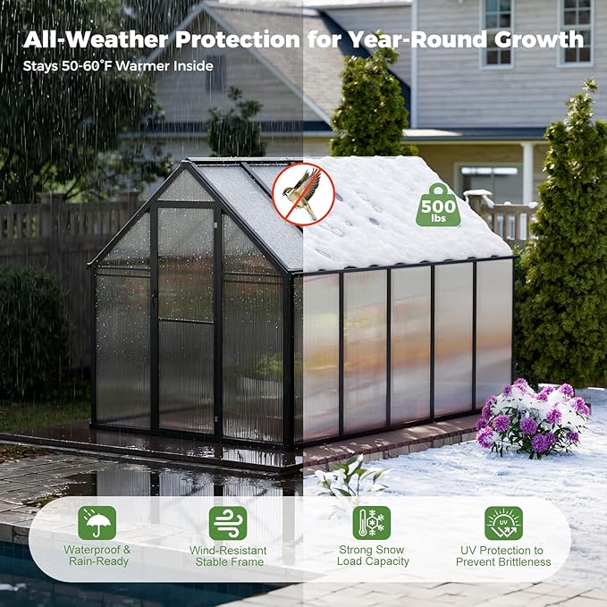12x6 FT Outdoor Greenhouse, Easy Assembly Large Aluminum Polycarbonate Kit, 2 Vent Windows, Swing Door, Walk-in, for Outside, Sunroom, Backyard, Garden