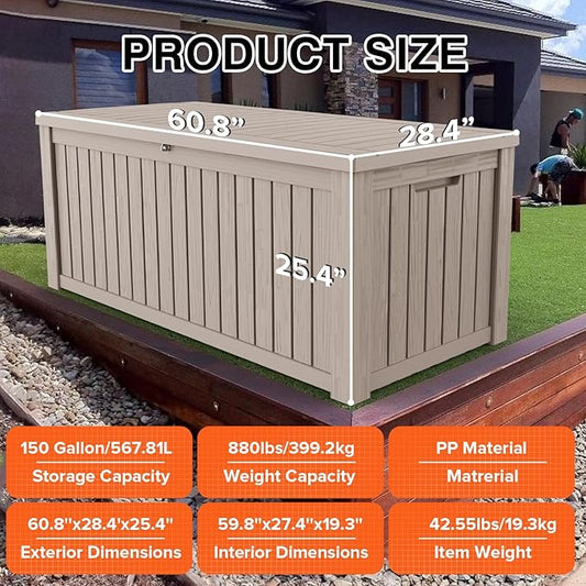Mersco 150 Gallon Double-Wall Resin Deck Box - Lockable Waterproof Outdoor Storage Box, 1000lbs Capacity & Doubles as Seating for Patio Furniture - Garden Tools, Pool Accessories (Grey)