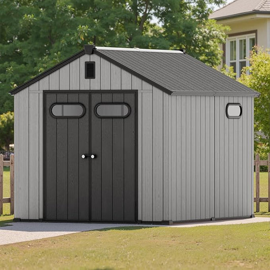 CRESTLIVE 8x10 FT Rust-Resistant Plastic Outdoor Storage Shed, Waterproof Resin Garden Shed with Floor, Doors, Skylight & Vent for Lawn Tools & Bikes