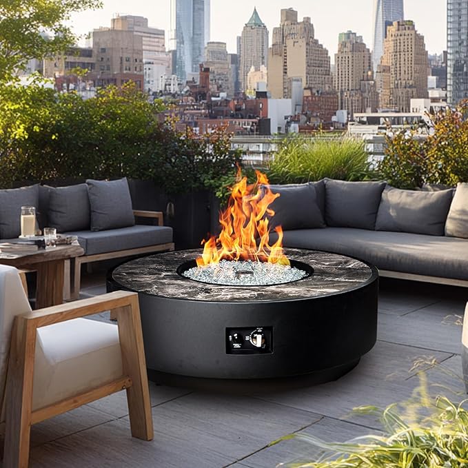 Outdoor Gas Fire Pit Table, 42 Inch 2 in 1 Propane Fire Table 65,000 BTU Black Round Firepit, Wind Guard for Garden, Deck, Backyard and Pool, Black