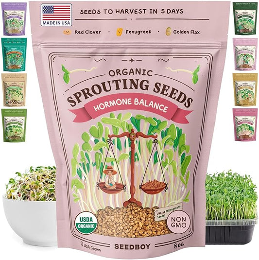 Seedboy Organic Non-GMO Sprouting Seeds, Hormone Balance Blend - USA Grown Microgreens Mix with Golden Flax, Red Clover, Fenugreek - 8 oz Bag Makes 8 Quarts / 24 Servings (Hormone Balance Blend)