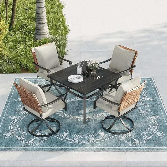 Grand patio 5-Piece Outdoor Dining Set, 4 Leather-Look Wicker Swivel Patio Chairs & 1 Square Dining Table, Black