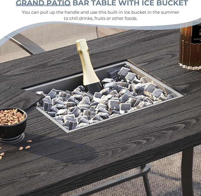 Grand patio 5-Piece Counter Height Patio Bar Set, Swivel Bar Stools and Faux Wood Grain Dining Table with Ice Bucket for Outdoor Kitchen Bistro Small Space Restaurant, Coffee