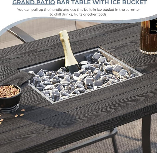 Grand patio 5-Piece Counter Height Patio Bar Set, Swivel Bar Stools and Faux Wood Grain Dining Table with Ice Bucket for Outdoor Kitchen Bistro Small Space Restaurant, Coffee