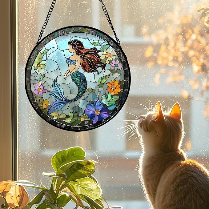JOSUMALY Stained Glass Window Hanging - Light Blue Mermaid Suncatcher for Door Terrace Garden Home Decor, Ocean Flowers Sun Catcher Birthday Gifts for Lovers Women Men Dad Mom Nana 7.8 in
