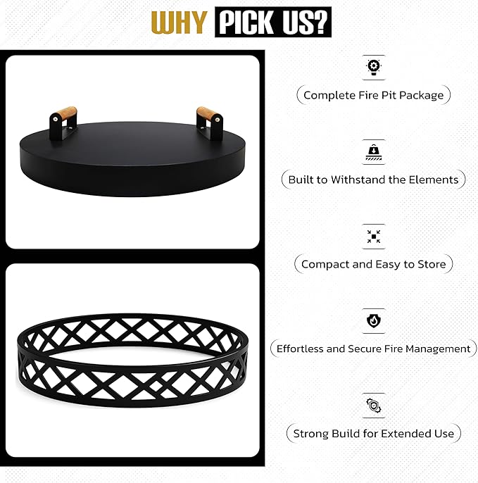 FEBTECH - Smokeless Fire Pit Accessories Combo – 17" Carbon Steel Base, 20" Lid with 2 Wooden Handles – Bonfire Fireplace Tools for Camping, Patio, Backyard - Solo Stove Accessories