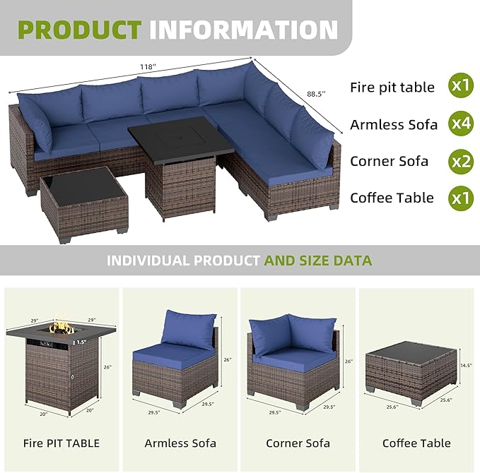 7/8-Piece Patio Conversation Set with Fire Pit Table, Outdoor All-Weather Rattan Sofa Sectional, Handwoven Wicker Furniture for Backyard, Easy Assembly & Weather-Resistant Design