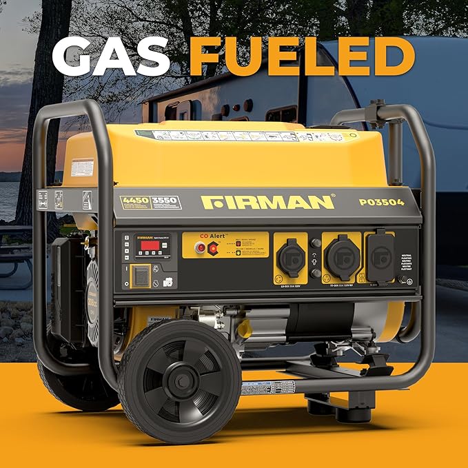 FIRMAN P03504 Gas Portable Generator, 4450W Recoil Start, 120V, CO Alert, Quiet 67dB, 208cc Engine, 5-Gallon Tank, 14 Hrs Runtime, Wheel Kit, Ideal Power Solution for RV, Home & Outdoor Adventures