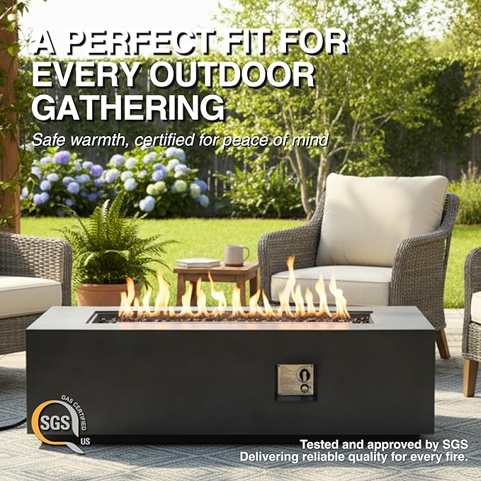 60-Inch Rectangular Propane Fire Pit Table, 60,000 BTU Concrete Outdoor Gas Fire Pit Table with Waterproof Cover, Tank Seat, Free Lava Rocks, for Outside Patio Backyard, Dark Grey