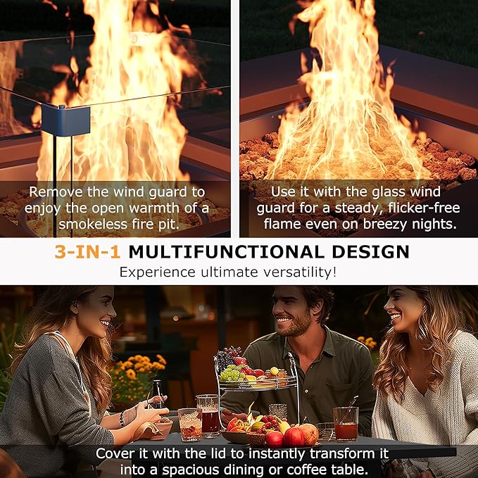 28'' Propane Fire Pit Table, 50,000 BTU Steel Gas Firepit for Outdoor Patio Deck and Garden, CSA Certified Fire Pit with Lid, Waterproof Cover, Glass Wind Guard and Lava Rock, Black