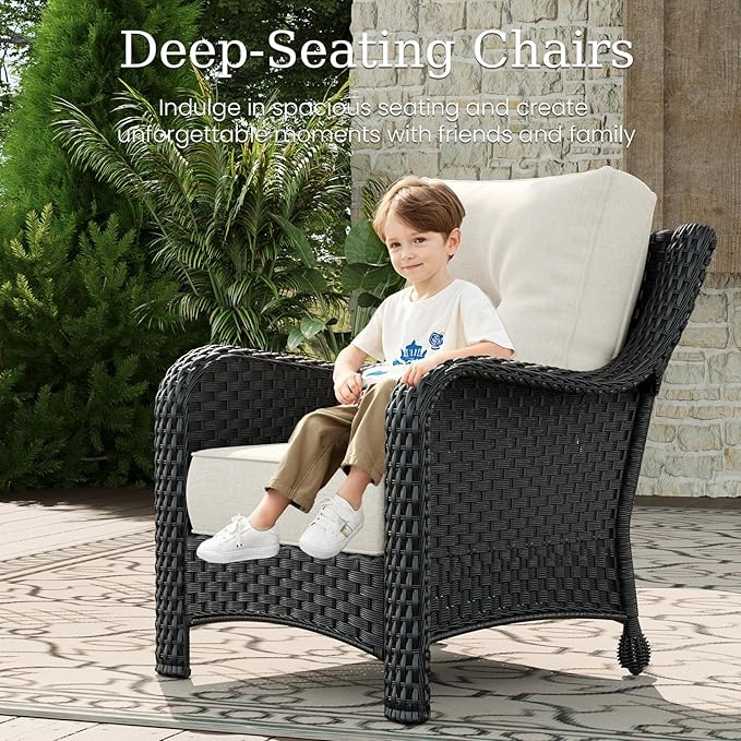 3 Piece Patio Furniture Set, All-Weather Wicker Outdoor Conversation Set with Rattan Chair and 6 Inch Thick Cushions