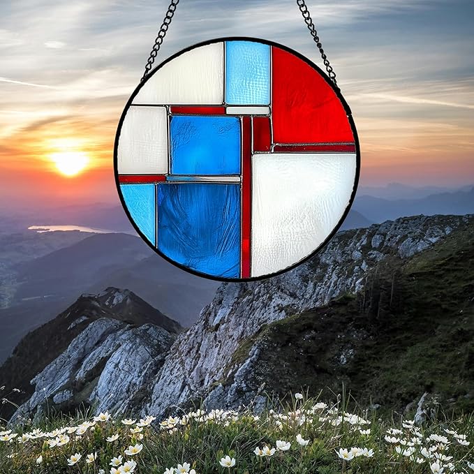 AMDERVEN Stained Glass Window Hanging 4 Pcs Set Abstract Flowers in Red White Blue 7.8" - Suncatcher Door Garden Sun Catcher Decor Birthday Mother's Day Xmas Gift for Mom Woman Nana Men Parents