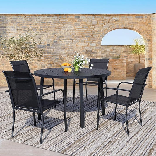 5 Pieces Patio Dining Set for 4, Black Patio Stackable Chairs and Black Round Table Set of 4, Outdoor Furniture Set with Sling Support for Outside, Garden