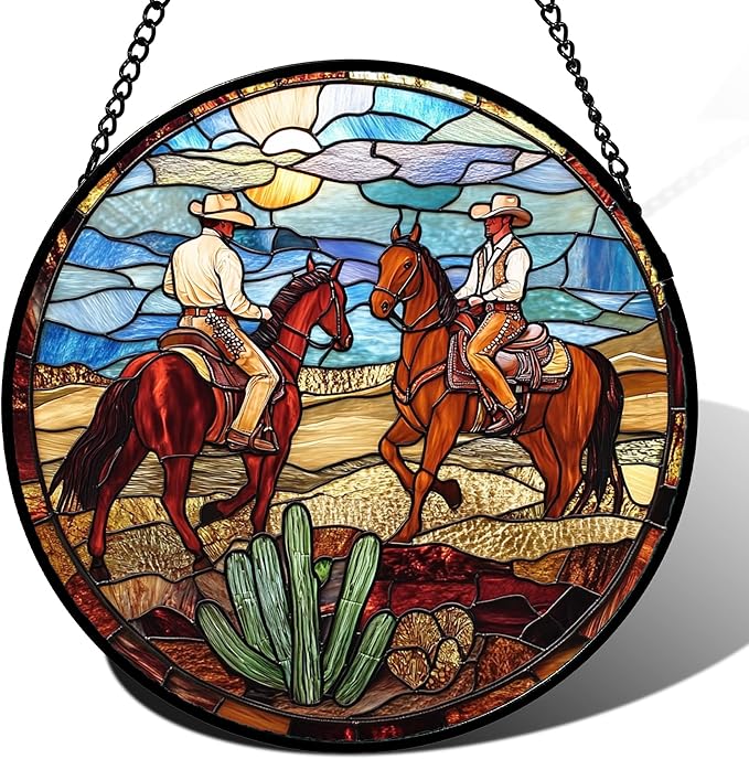 QZQCBLC Stained Glass Window Hanging Western Cowboys Riding Horses Large 11.8" - Suncatcher Door Garden Sun Catcher Home Decor Birthday Christmas for Woman Nana Friend Men Kids