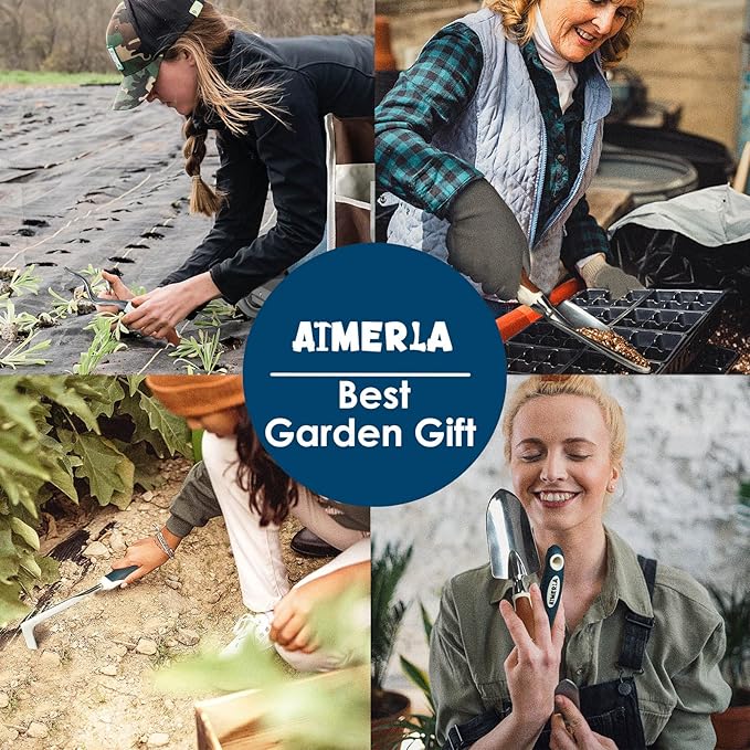 Aimerla Gardening Tools Set of 9 Heavy Duty Garden Tools with Non-Slip Rubber Grip with Large Garden Bag, Durable for Garden, Weeding, Gifts for Women,Men