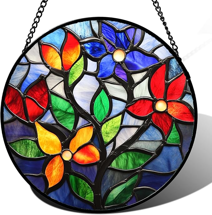 QZQCBLC Stained Glass Window Hanging Colorful Flowers and Leaves 6.3" - Suncatcher Door Garden Sun Catcher Home Decor Birthday Christmas Mother's Day for Mom Men Woman Nana Friend