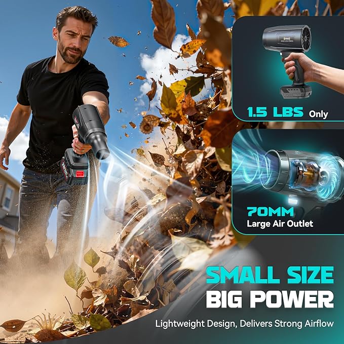 DIYtoolifz 800,000 RPM Cordless Leaf Blower with 2x4.0Ah Batteries, Brushless Motor, Adjustable Speed, Lightweight Portable Electric Blower for Car, Patio, Garden & Indoor Cleaning, 3 Nozzles Included