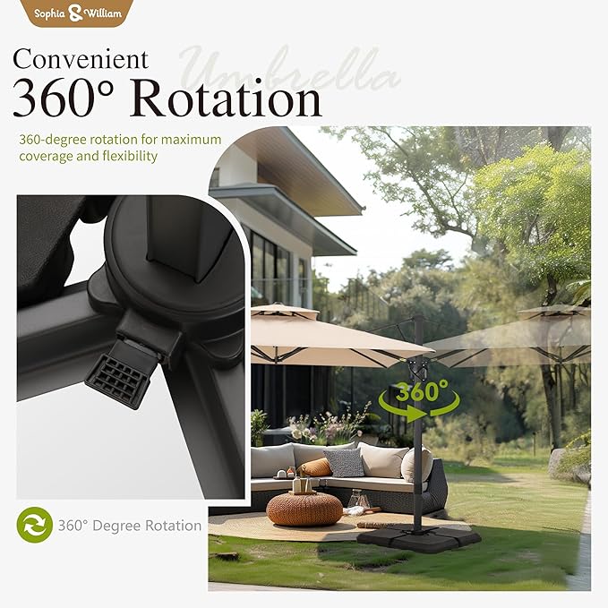Sophia & William 12ft Cantilever Patio Umbrella with Base, Outdoor Offset Large Rectangular Umbrellas with 360-degree Rotation, Aluminum Pole for Garden Pool Backyard, Beige