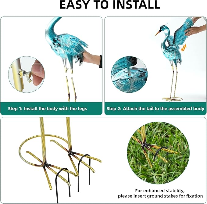 Ultym 36.75in Metal Heron Garden Statue Handmade Oversize Crane Sculptures with Stable Ground Stakes, Backyard Decoration, Metal Garden Art