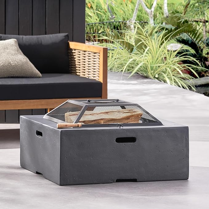 FamilyLoft 29 Inch Outdoor Fire Pit, Wood Burning Fire Pit for Patio with Spark Screen, Fire Poker, MGO Square Firepits for Outside, Camping, Garden, Backyard, Bonfire Party, Dark Gray