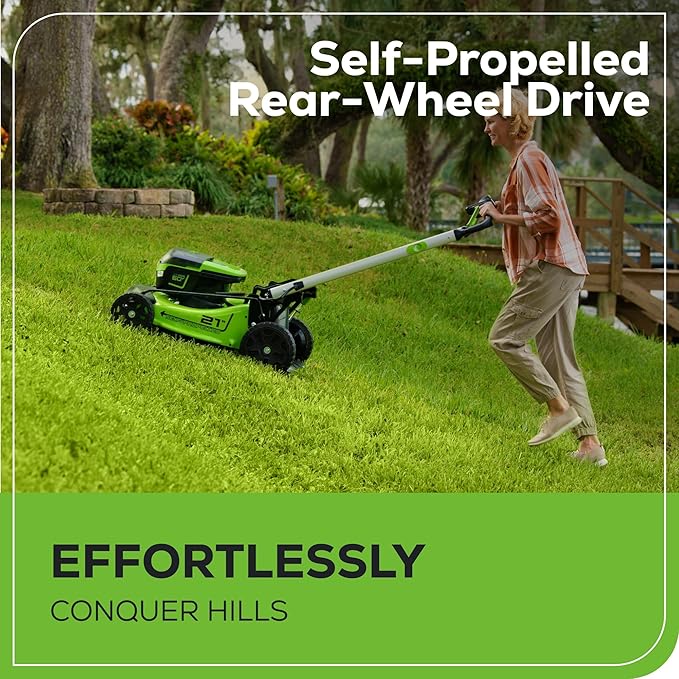 Greenworks 60V 21" Self-Propelled Cordless Lawn Mower, Brushless Motor, LED Lights, Includes 2X 4.0Ah Batteries & Rapid Dual-Port Charger(75+ Tool Compatibility, 45Min Runtime)