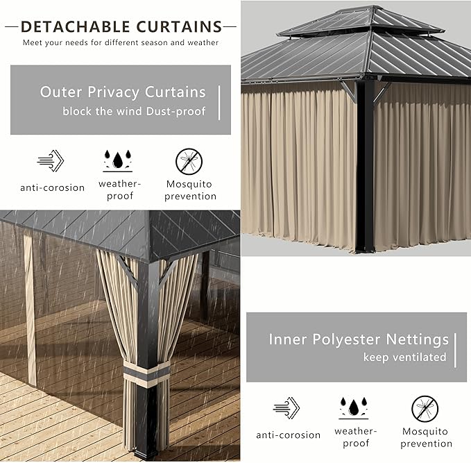 12x20ft Hardtop Gazebo Double Roof, Outdoor Pavilion with 2-Layer Hard top Galvanized Iron Frame Garden Tent, Suitable for courtyards, backyards, Decks, and Grass