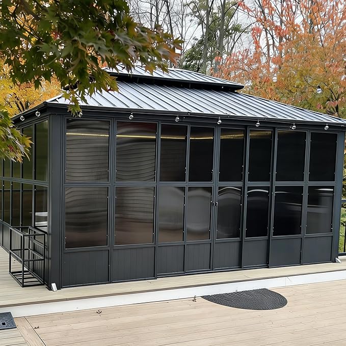 PURPLE LEAF 12' X 16' Solarium Sunroom with Light Permanent Hardtop Gazebo Galvanized Steel Double Roof Aluminum Outdoor Screen House for Lawn Deck Backyard Grey