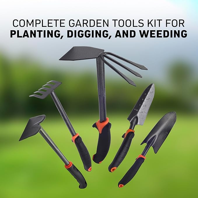 Heavy-Duty Garden Tools Set – 5-Piece Carbon Steel Gardening Tools Kit with Non-Slip Handles | Professional & Home Gardening Hand Tools for Planting, Weeding & Soil Cultivation
