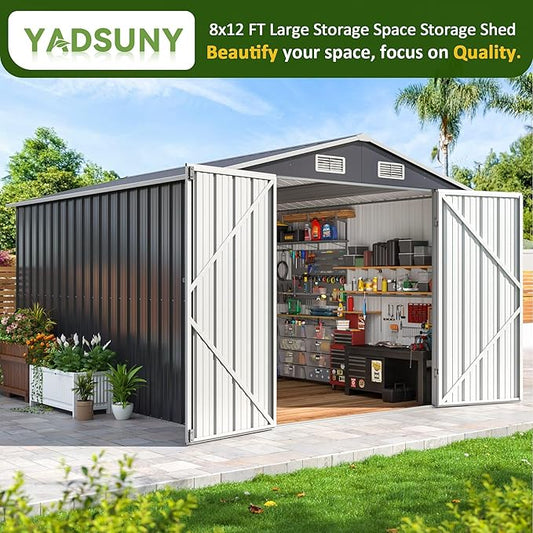 8x12 FT Outdoor Storage Shed, Metal Garden Tool Shed with Updated Frame Structure and Lockable Doors, Ideal for Backyard Garden Patio Lawn, Grey