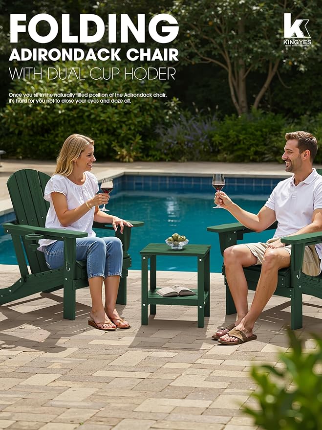 KINGYES Folding Adirondack Chair Set of 8, Dual Cup Holders & All-Weather HDPE, Wood-Like Patio Chair for Backyard, Camping, Pool & Fire Pit, Dark Green
