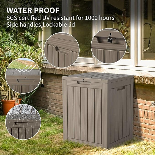 28 Gallon Waterproof Resin Deck Box, Lockable Outdoor Storage Box for Patio Furniture, Garden Tools, UV Resistant, and Multi-Functional (Brown)