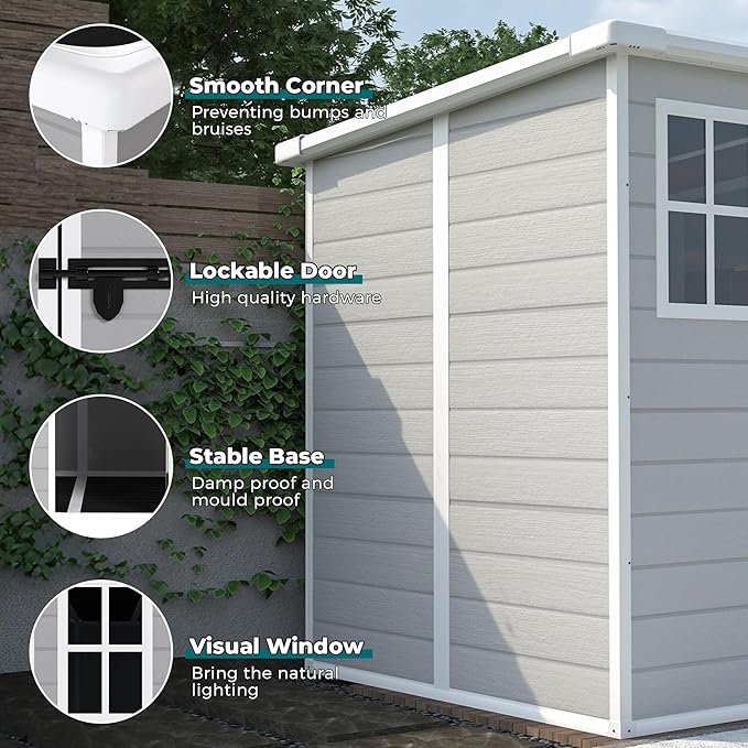 Resin Storage Shed 6x6ft?Outdoor Storage Sheds with Floor, Window, Lockable Doors and Vents, Tool Shed for Bike, Garden, Backyard,Lawn, All Weather Use (Grey, 6 * 6ft)