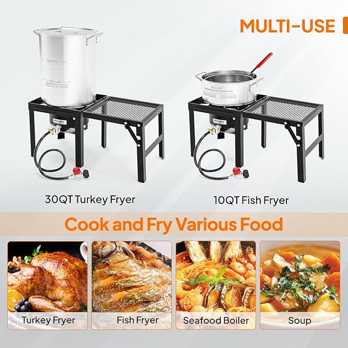 ROVSUN 30QT Turkey Fryer & 10QT Fish Fryer Kit w/ 55,000BTU Propane Stove, Aluminum Outdoor Deep Fryer & Seafood Boiler Steamer w/Baskets, Thermometer, Marinade Injector, Turkey Rack & Rack Lifter