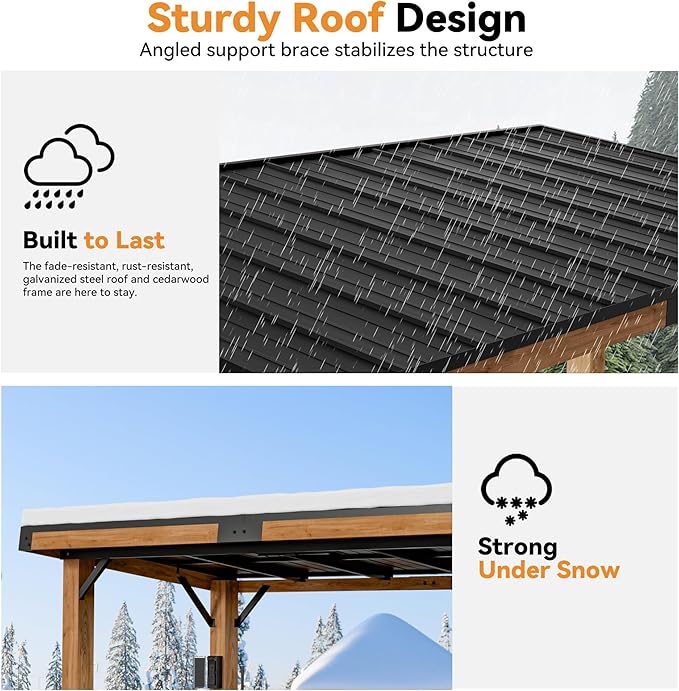 Modern Shade Woodberry Grill Gazebo 6' X 12', Cedar Wood Gazebo with Dual bar Tops & Shelves, Patio Pavilion with Galvanized Steel Roof, USB and USB-C connectors for Patio, Garden