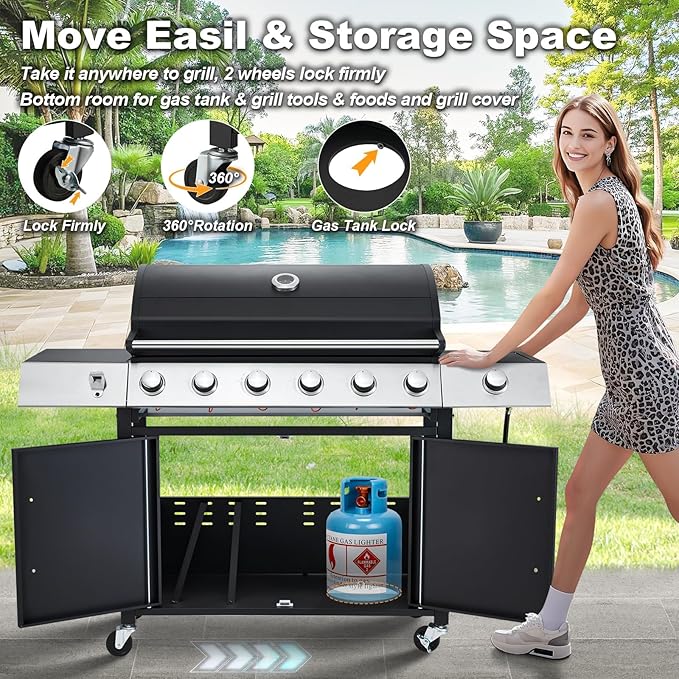 MELLCOM Upgraded 60,000 BTU Stainless Steel Burner Barbecue Grill, 6 Burner BBQ Propane Gas Grill with Side Stove & Cast Iron Grates for Patio, Camping, Outdoor Cooking