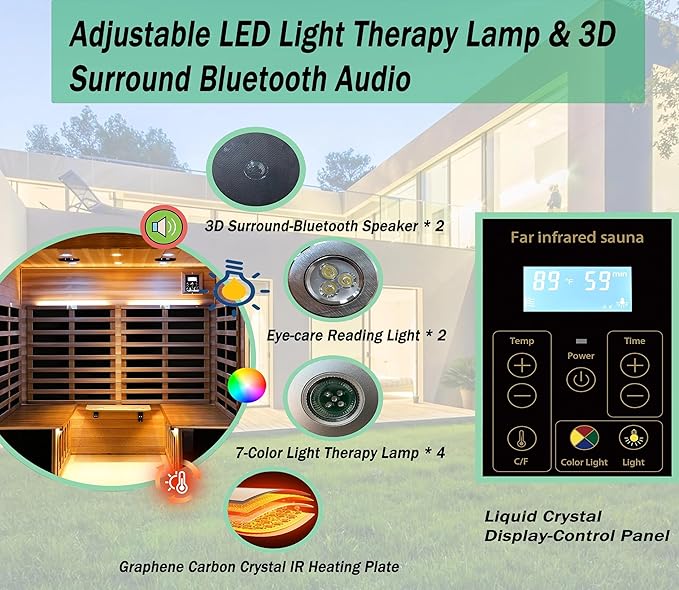 LTCCDSS Ultra-Low EMF Red Cedar Sauna 4 Person, Outdoor Far Infrared Sauna for Home, EMF 0.1-1mG, Bluetooth & Chromotherapy, Speakers (68.1 * 52.4 * 82.7 inch)