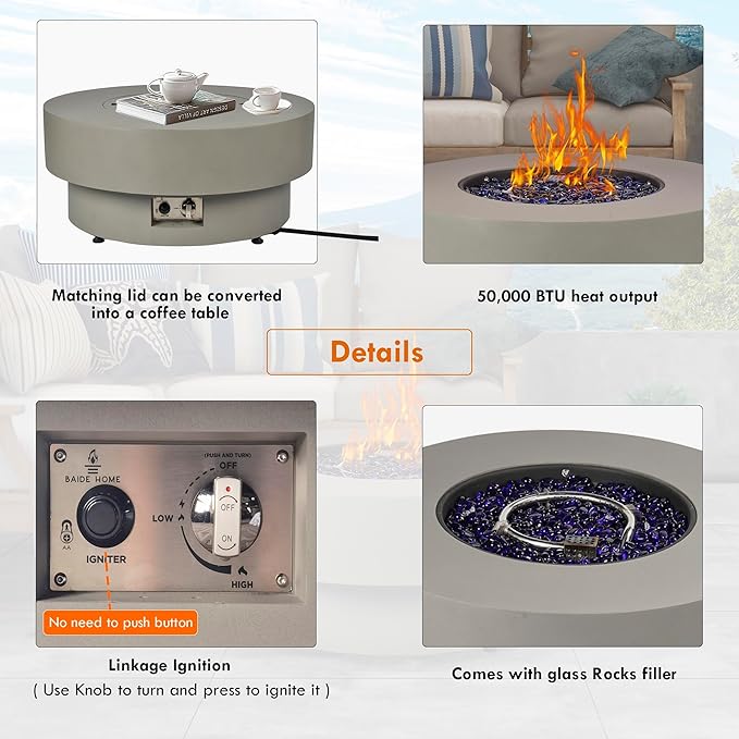 32.5-inch Outdoor Gas Fire Pit Table with Natural Gas Conversion Kit & Wind Glass Shield, 50,000BTU Propane Gas Fire Pits for Outside Patio w/Round Burner Lid, Glass Rocks, Cover